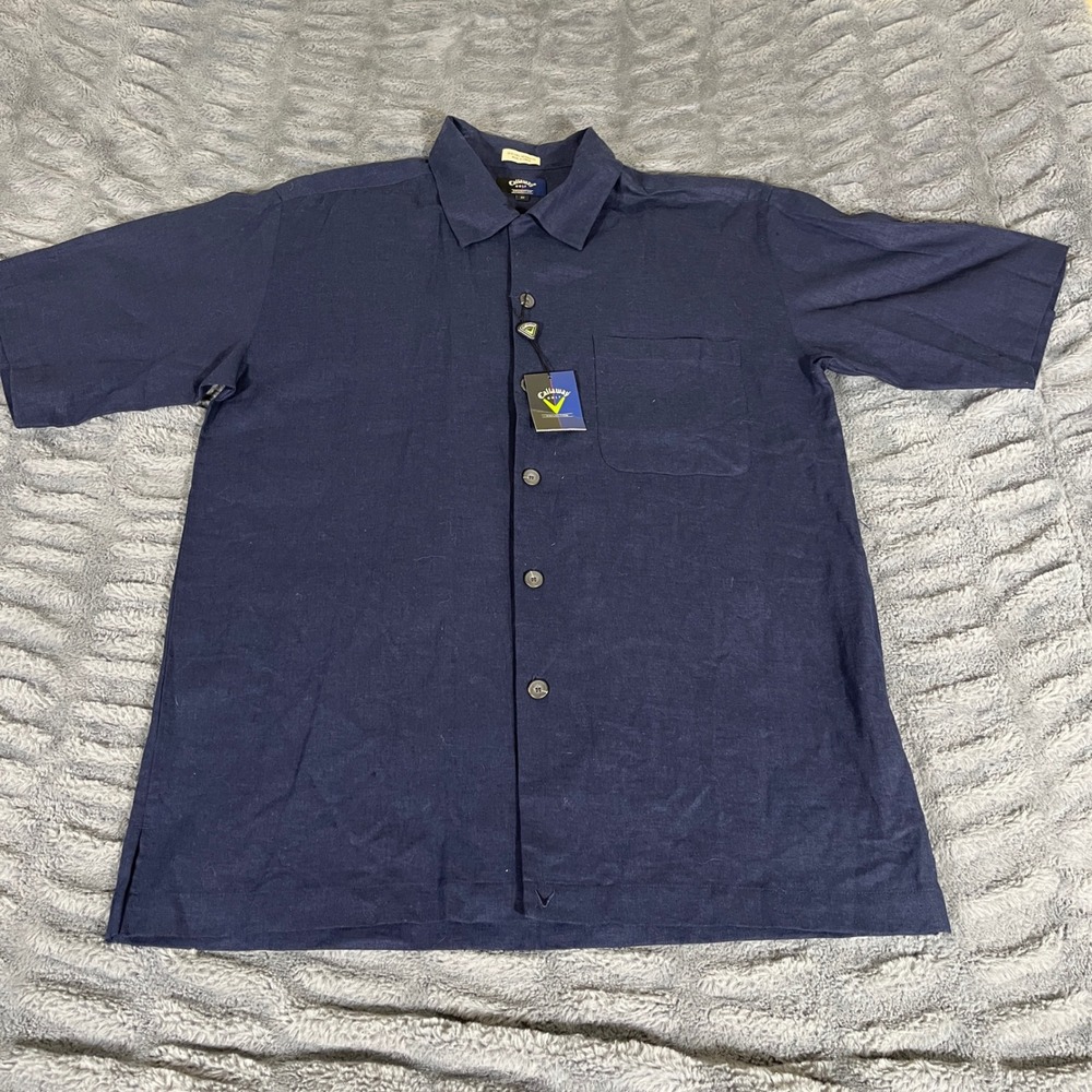 Callaway‎ Golf Collection Mens Medium Navy Blue Linen Rayon Button Front Shirt